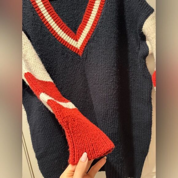 Navy and Red V-Neck Women's Sweater - Picture 2 of 4